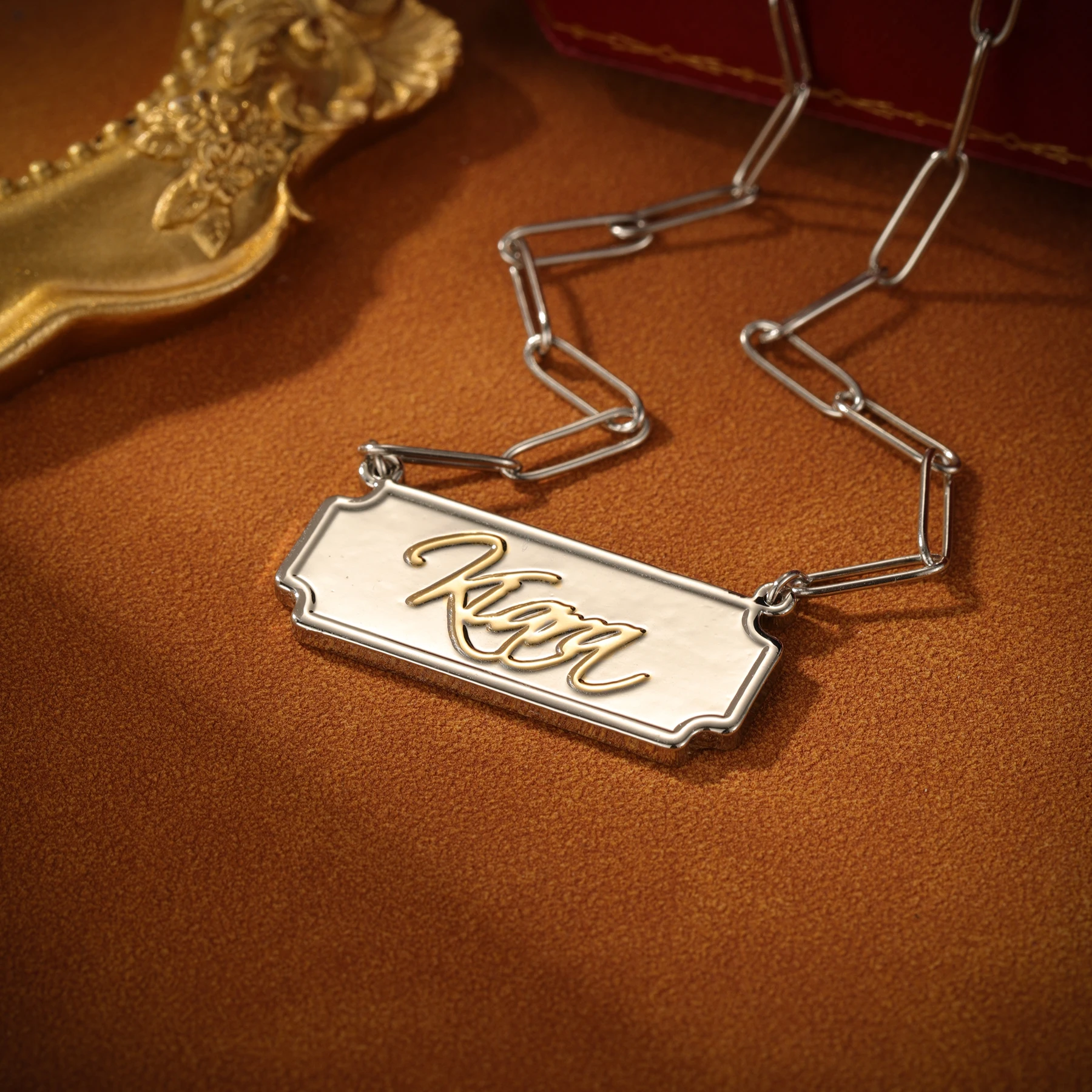 

Custom Name Necklace Etched Border Raised 3D Effect Paperclip Chain Two Tone 18K Gold Plated Stainless Steel Personalized Gift