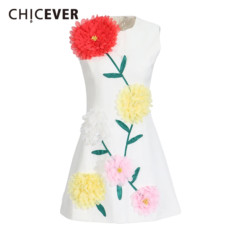 

CHICEVER Hit Color Spliced Appliques Mini Dresses for Women O Neck Sleeveless High Waist Temperament Slimming Dress Female New