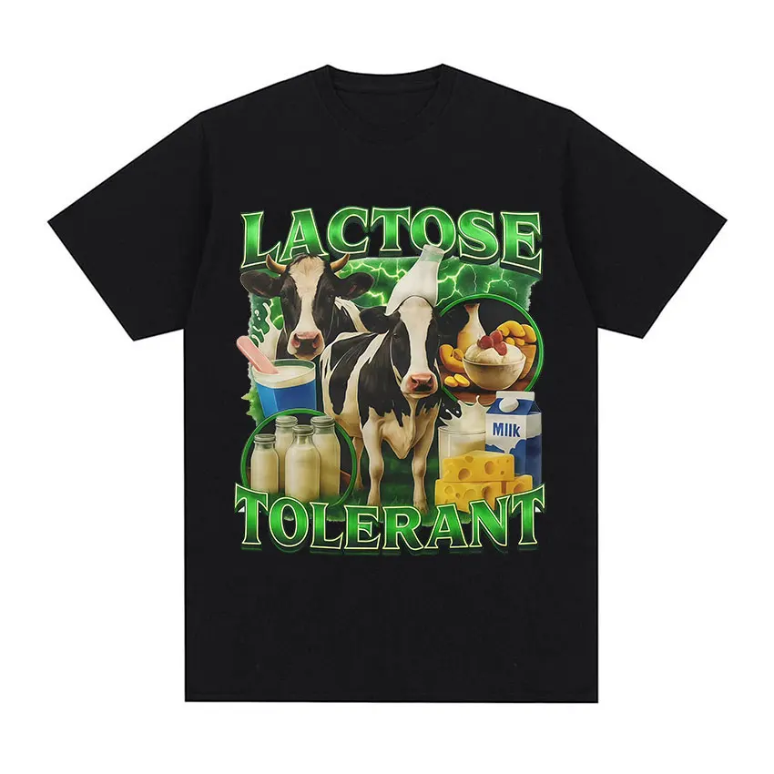

Защита от лактозы, забавная мужская рубашка из 100 хлопка с рисунком коровы для любителей молочных продуктов, летняя женская модная футболка большого размера в стиле Харадзюку