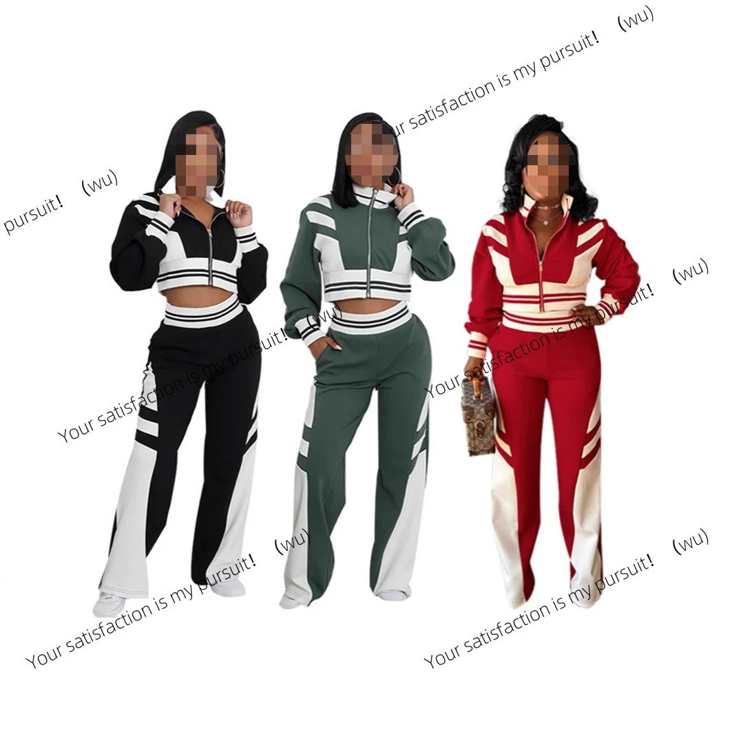 ZOCI-Setelan dua potong atasan turtleneck dengan ritsleting untuk wanita, koleksi musim gugur dan musim dingin, setelan celana dengan warna kombinasi untuk wanita.