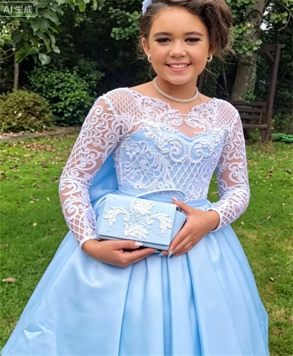 2026 Dress Trends Luxury Flower Girl Dress with White Lace and Blue Satin Backless Knee Length for Children's Birthdays