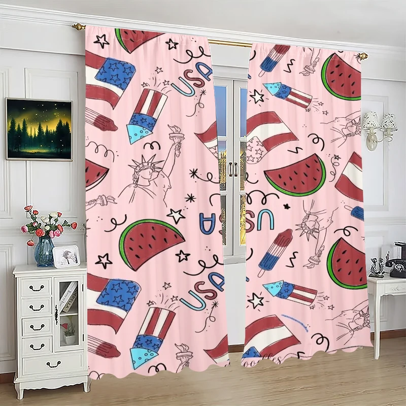 2PCS- Cartoon watermelon - Printed curtain -100% polyester material, suitable for bedroom curtains and living room decoration