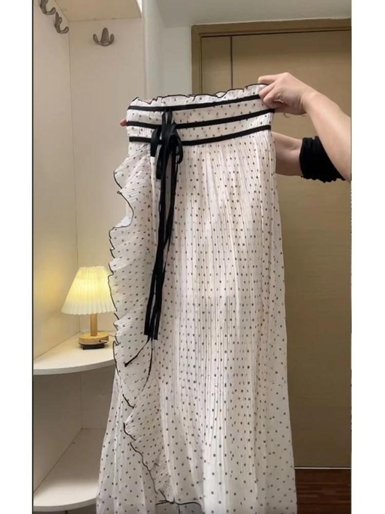 French Style Polka Dot Women's Skirts Sweet Ruffle Stitching Irregular Mid-length Design Long Skirt 2026 Summer Casual Clothes