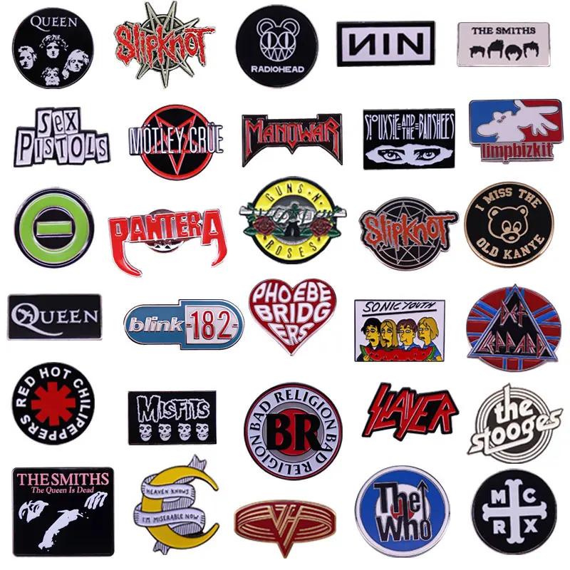 Various Classic Pop Rock Band Logo Collection Cartoon Metal Brooch Collar Hat Pin Decoration Lapel Badge Music Lovers Fans Gift