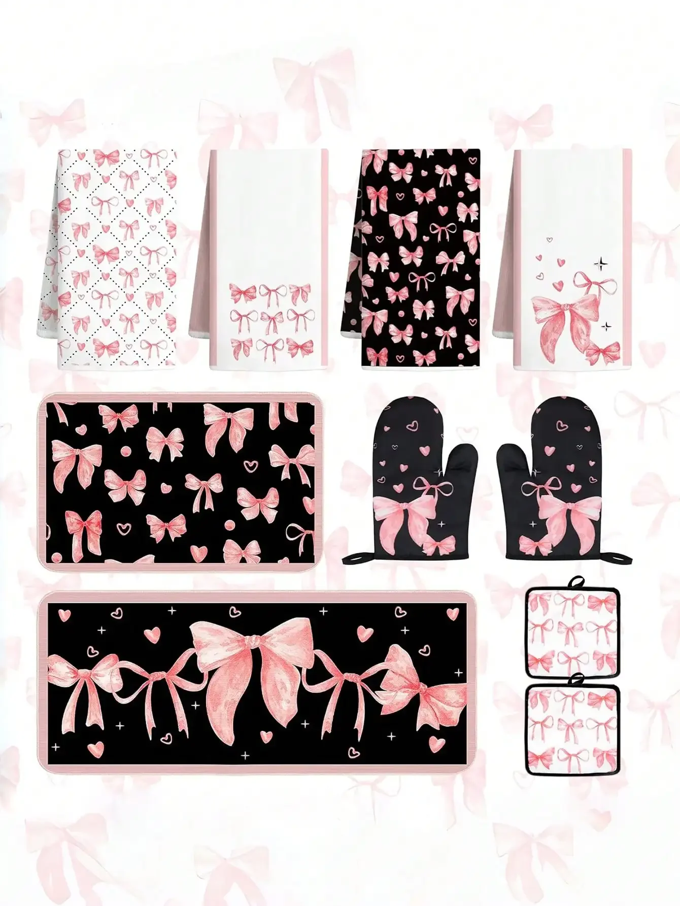 10PCS Pink Bow Kitchen Accessory Set, Including 4 Dishcloths, 2 Pot Mats, 2 Oven Mitts, And 2 Kitchen Rugs. Perfect For Bathroom, Kitchen, Cooking, Housewarming, Or Baking Gifts(PINK BLACK)