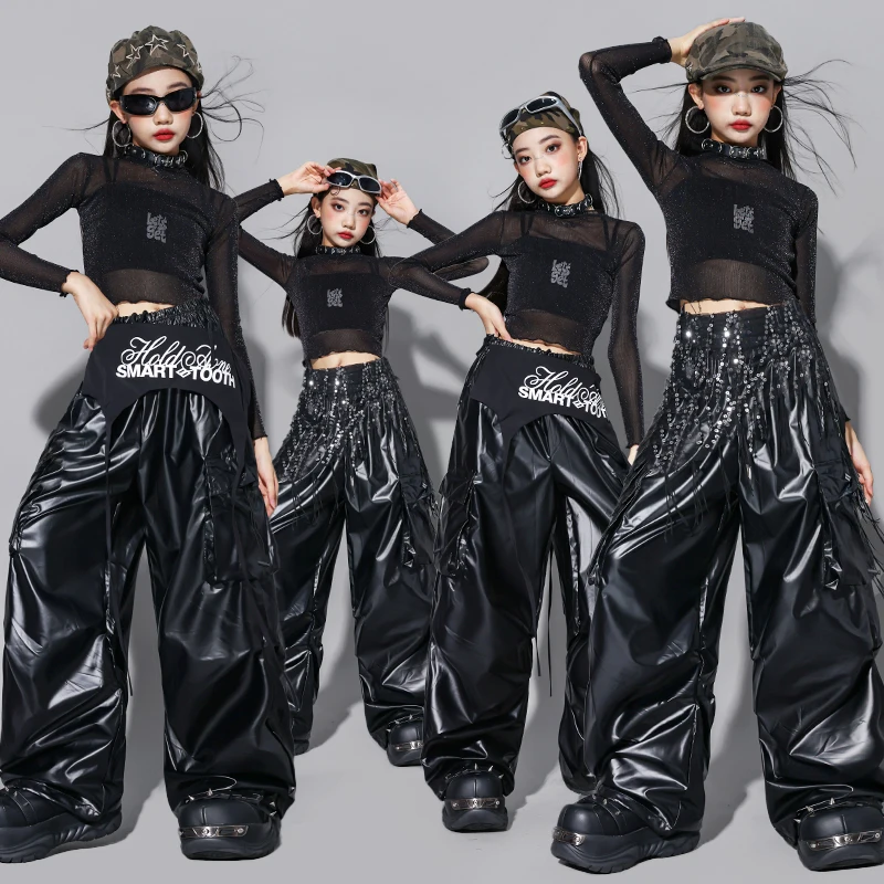 Bambini Streetwear Costume Ragazze K-pop Lucido Crop Top Gonne Street Dance Pantaloni cargo Bambini Hip Hop Jazz Ragazza Gruppo Set di vestiti