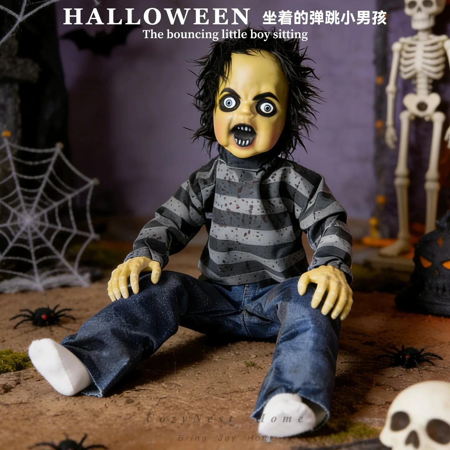 For, sitting bouncing little boy ghost ornament electric induction luminous sound horror props