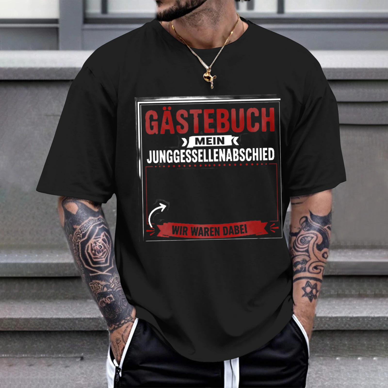 Herren-T-Shirt „Gästebuch: Meine Junggesellenparty – Wir waren da!“ Perfekt für Freizeitkleidung, Partys und Karneval-Outfits
