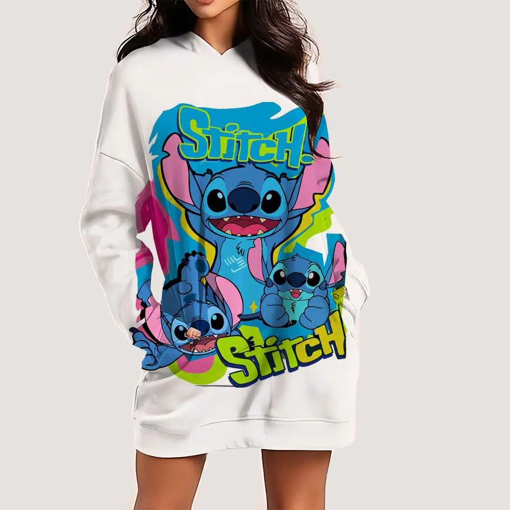 New Spring Fashion Disney Stitch print Hoodies Dress For Women Harajuku Loose Long Hooded Dress Korean Dress Streetwear
