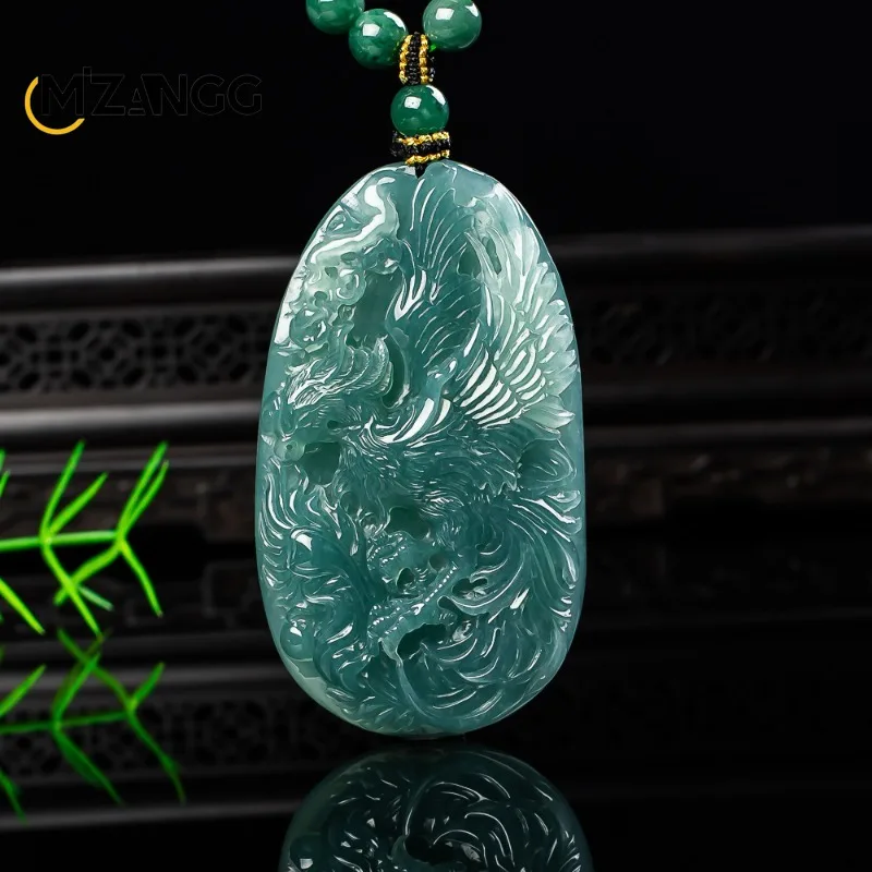 Natural Jadeite Blue Water Phoenix Pendant Hand-carved High-end Exquisite Ice-type Jade Necklace Unisex The Best Festival Gift