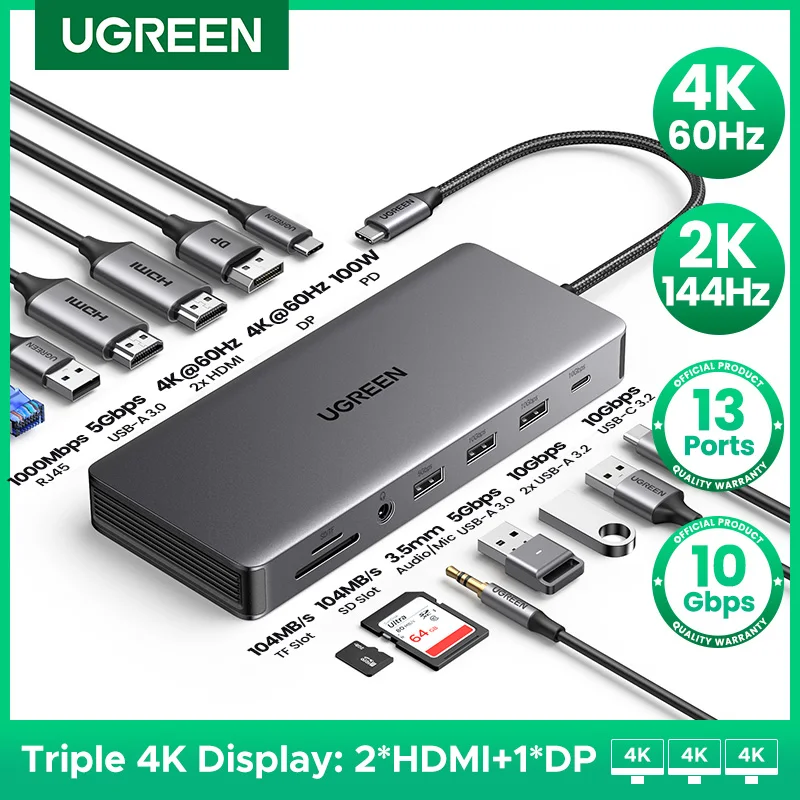 UGREEN 13-w-1 HUB USB-C z potrójnym wyświetlaczem 4K Dual HDMI DP 10Gbps USB3.2 PD100W SD/TF Stacja dokująca do MacBooka Pro Air Dell XPS