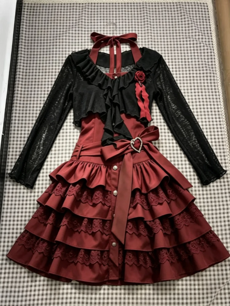 Japanische Harajuku Street Fashion Punk Lolita Damen 2-teiliges Set Y2K Vintage Mini-Kleid Kurze Weiche Lässige Strickjacke Party-Outfit