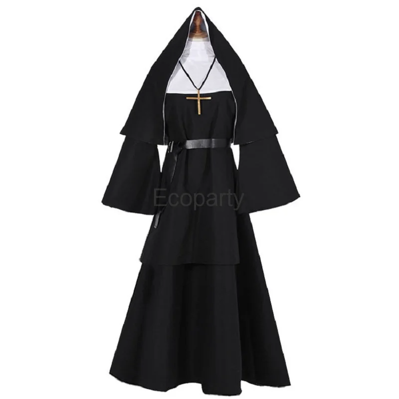 Women Halloween The Nun Costume Horror Movie Virgin Mary Cosplay Black Nun Uniform Suit with Scarf Ladies Carnival Party Outfit