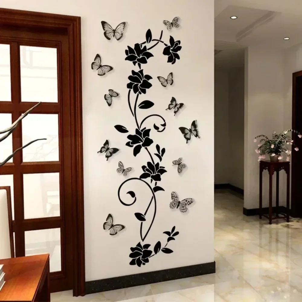 3D Butterfly Wall Sticker Black Flower Vine Living Room Background Room Wall Sticker Dark Style 38*43cm Home Decoration