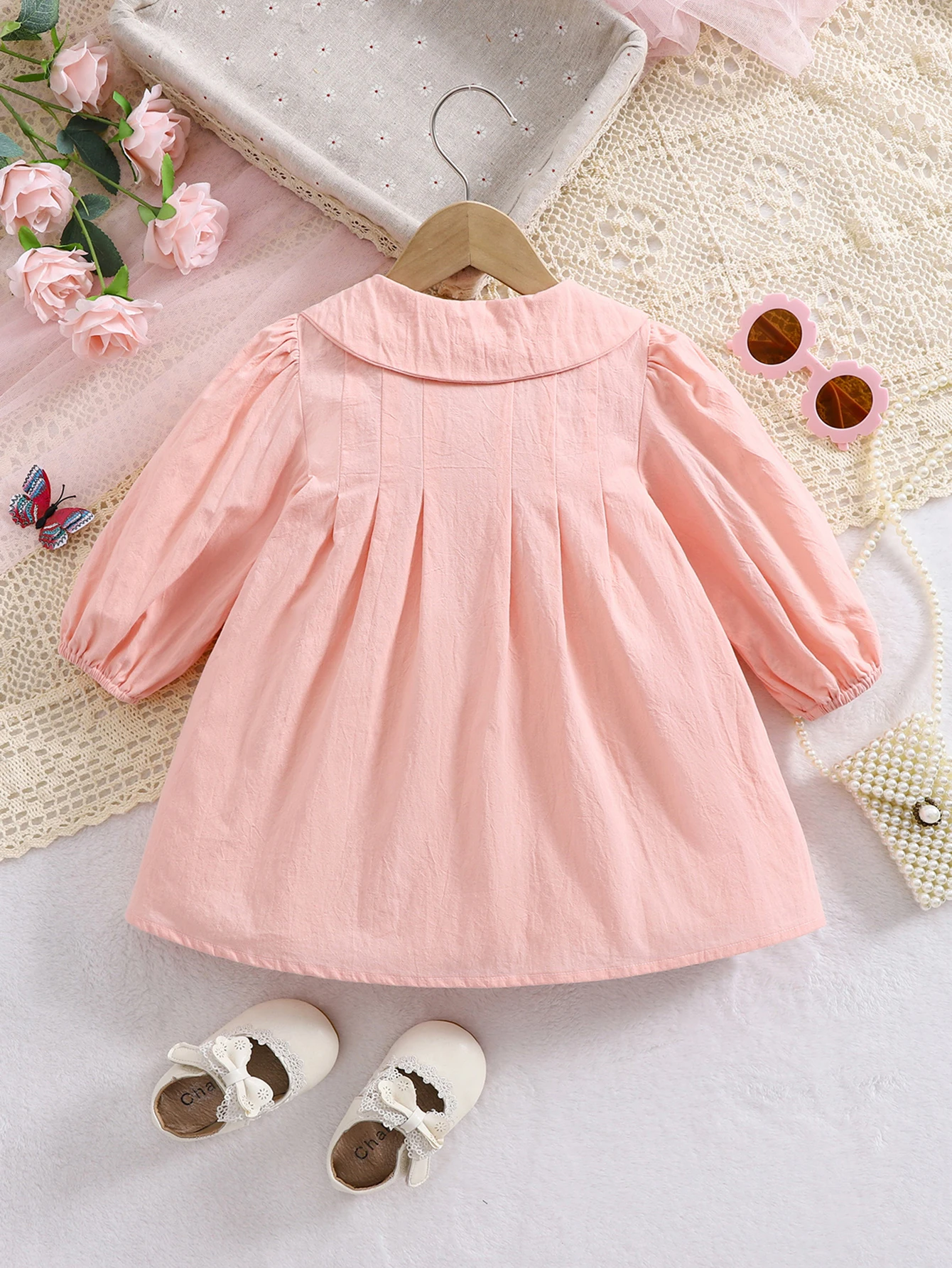 Spring and fall girls long sleeve dress with bow lapel sweet waist skirt