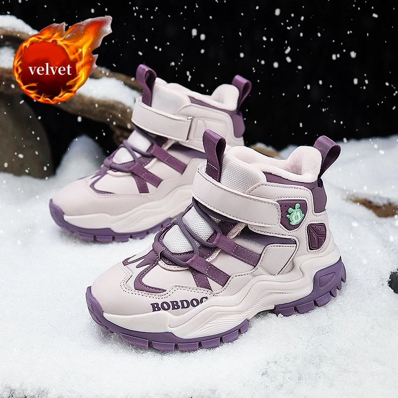 

Fashion Pink Fur Snow Boots Girls Winter Sneakers Outdoor Warm Velvet Children's Cotton Shoes High Top Kids Casual Sports Shoes