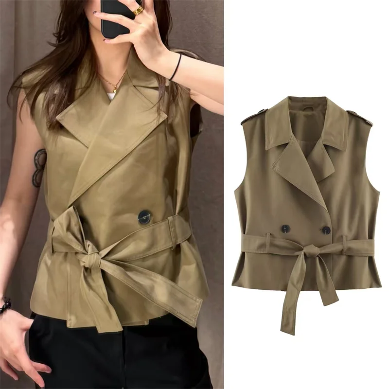 Guobioziy 2026 Summer New Women's Vest Deep Khaki Sleeveless Belted Decorative Waistcoat Vest Commuter Fashion Trendy Style