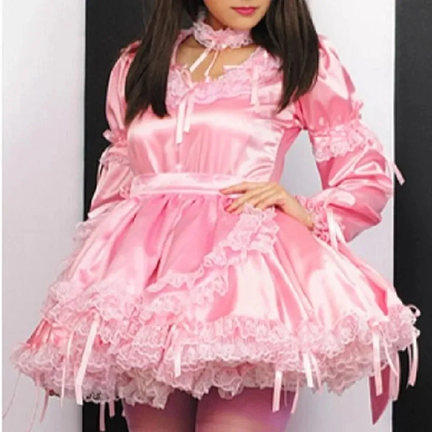 

Cosplay Sissy Lockable Gothic Dress Pink Satin Long Sleeve Back Neck Ring Standalone Apron Sexy Halloween Lace Maid Dress Custom