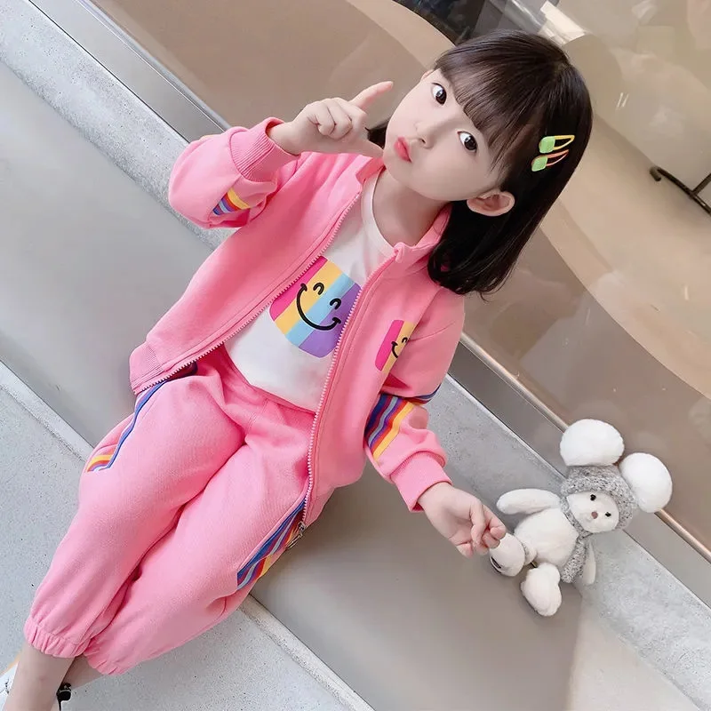 Girls' autumn suit 2024 new children's foreign style rainbow 2-piece set for girls to wear sportswear outside spring and autumn