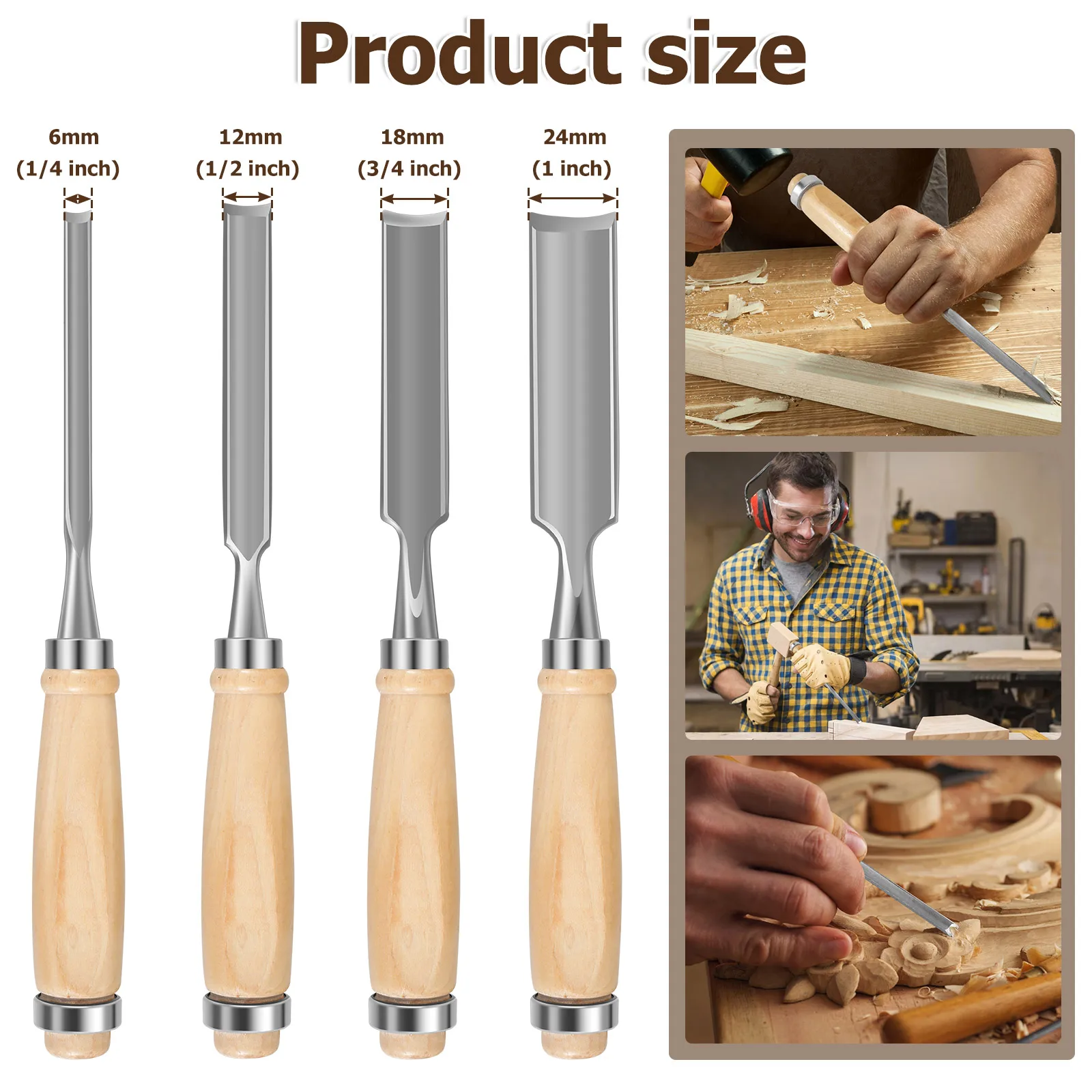 4Pcs Wood Carving Gouges Hand DIY Carving Woodworking Tools 6/12/18/24mm Wood Chisels kit Gift for Artist Carpenter Craftsman