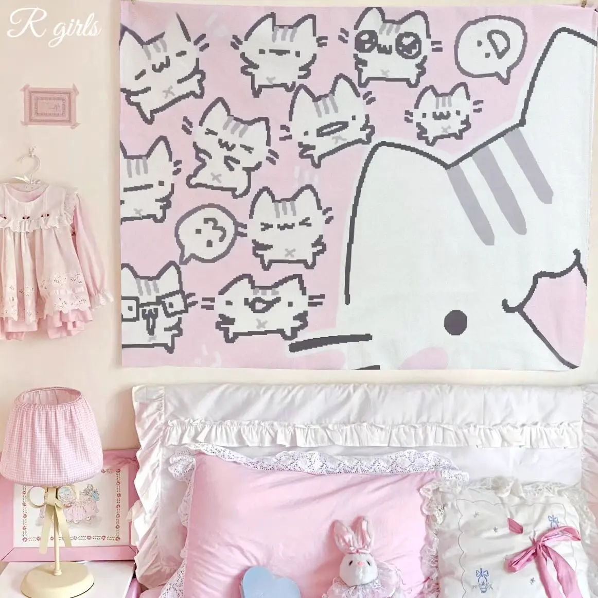 Kawaii Cartoon Kitten Anime Tapestry Warm Atmosphere Wall Hanging Cute Girls Bedroom Aesthetic Room Decor