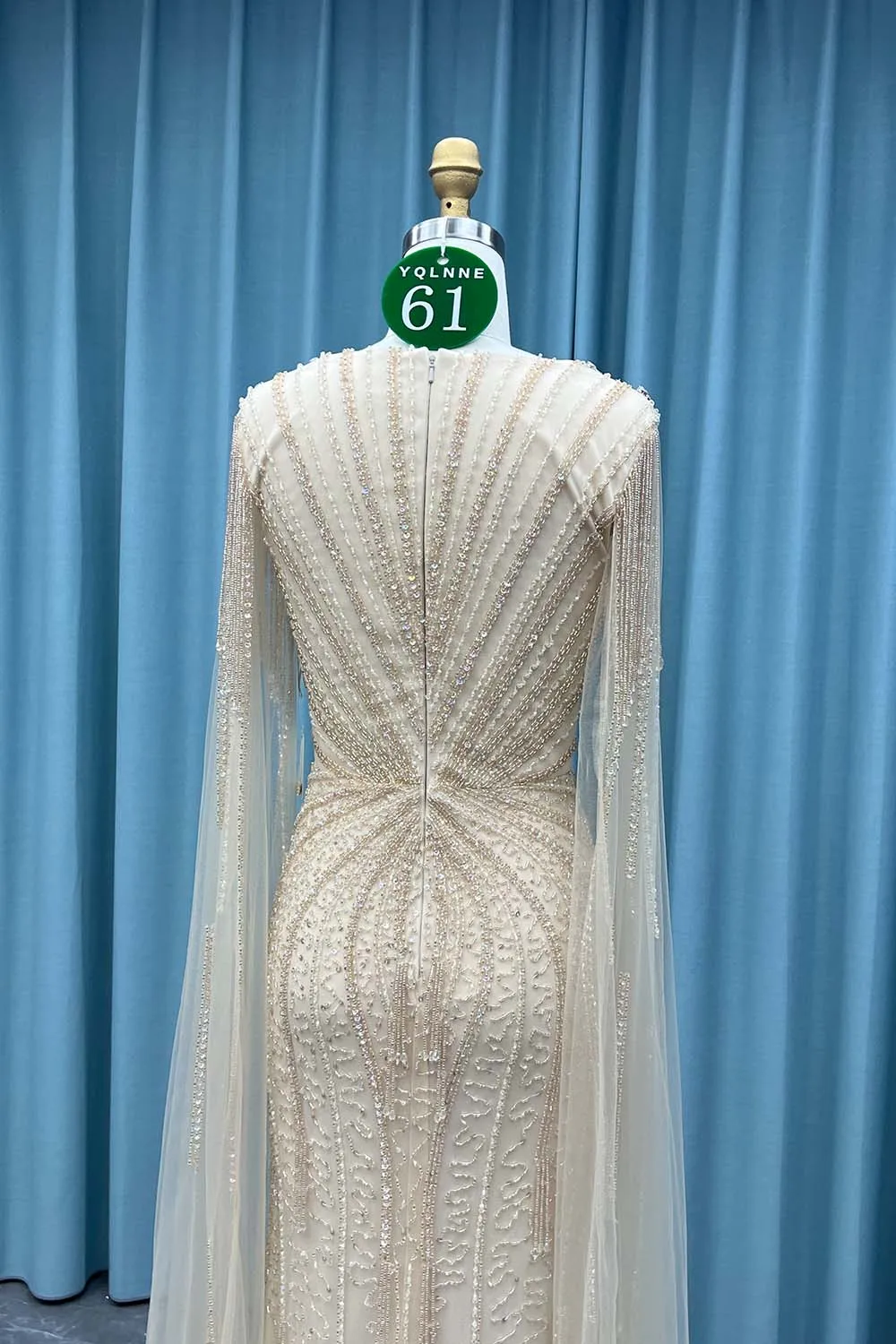 YQLNNE 061 vestidos de noche de sirena con cuentas de cristales champán mangas largas vestido de fiesta de noche de desfile de tul
