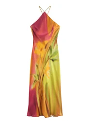 KAOPU ZA Women open back tie-dye satin midi slip dress vintage halterneck thin straps female dresses vestidos mujer