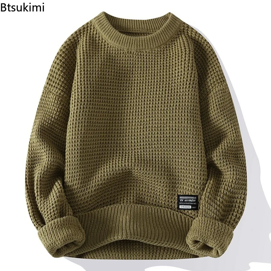 2025 Autumn Winter Men Pullovers Sweaters Knitted Top Round Neck Coarse Needle Full Sleeve Sweaters Solid Casual Loose Pullovers