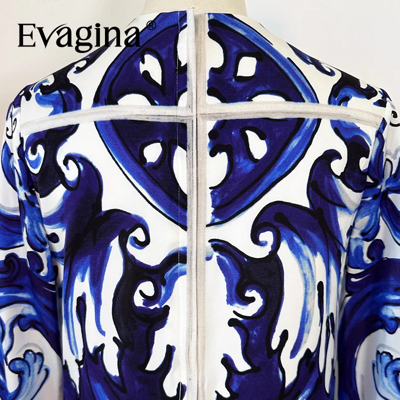 Evagina 2025 الخريف والشتاء الأزرق السيراميك طباعة غير مرونة فضفاضة بأكمام طويلة فستان حريري رائع القرن كم ألف خط تنورة