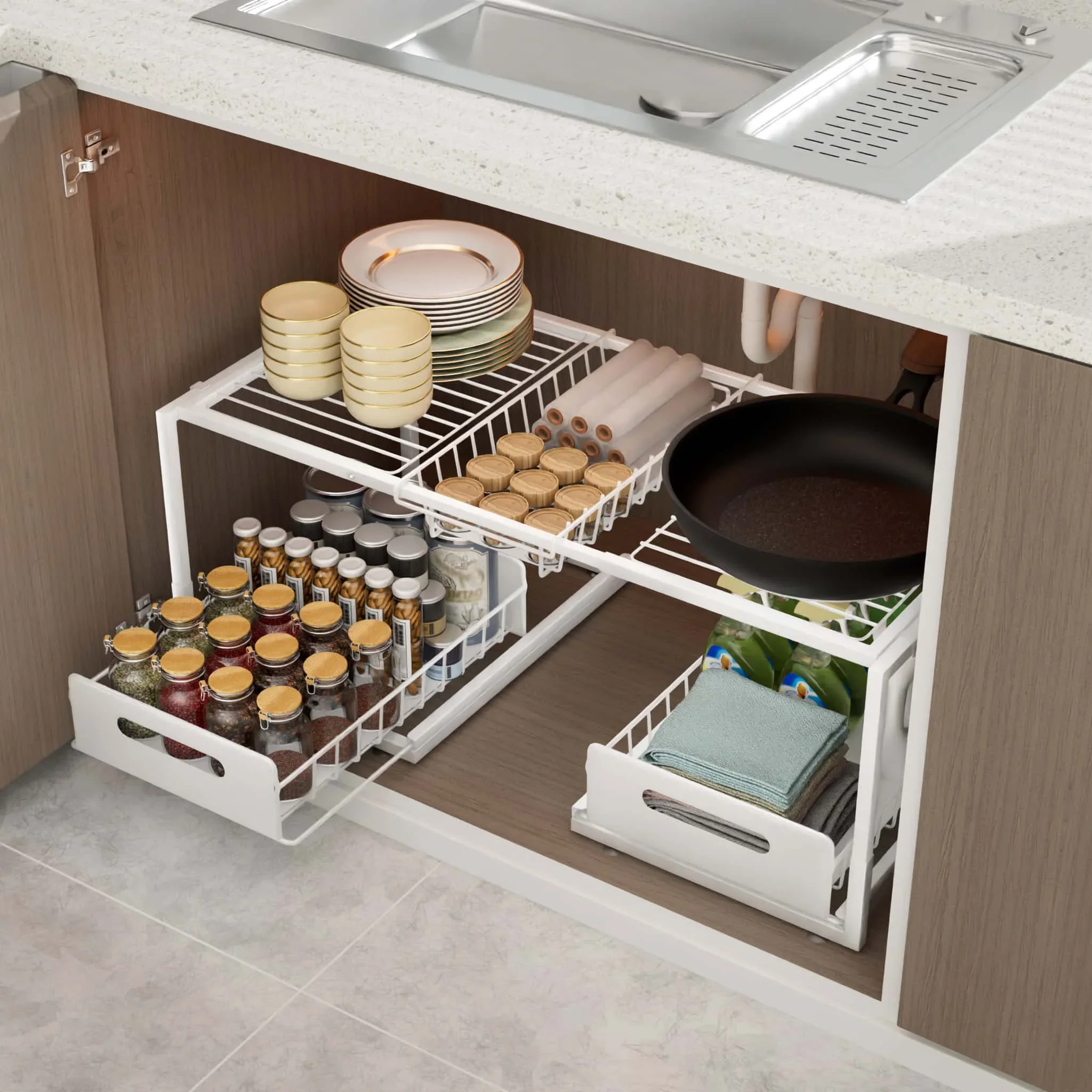 Under Sink Organizer, Pull Out Cabinet Organizer Slide Out Sink Shelf Cabinet Storage Shelves, Storages For Kitchen Bathroom