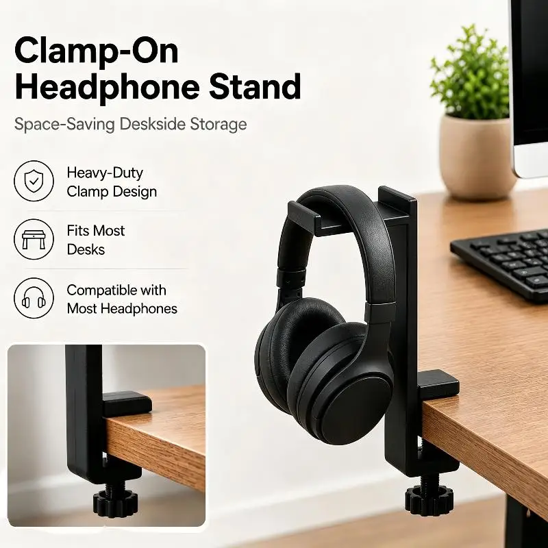 Heavy Duty Desk Clamp Headphone Stand Desk Side Headset Holder Headphone Organizer Universal Over-Ear Headphone Display Rack
