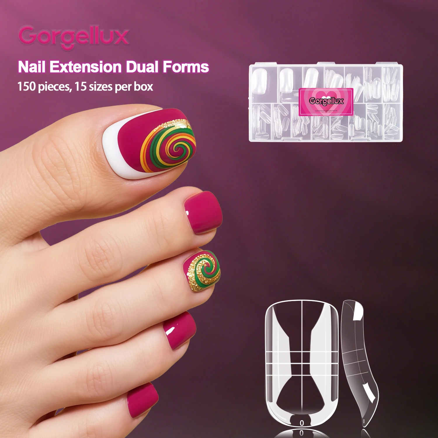 

150pcs Gorgellux Toe Nail Dual Forms Reusable Clear 15Sizes Perfect Shape No Filing Polygel Acrylic Extension DIY Salon Home