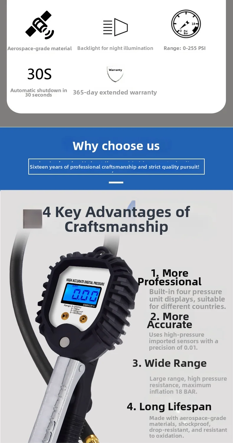 BW‑001 Digital Tire Pressure Gauge 0‑255PSI 18BAR, Portable Air Pump Inflator With LCD Display For Car Motorcycle