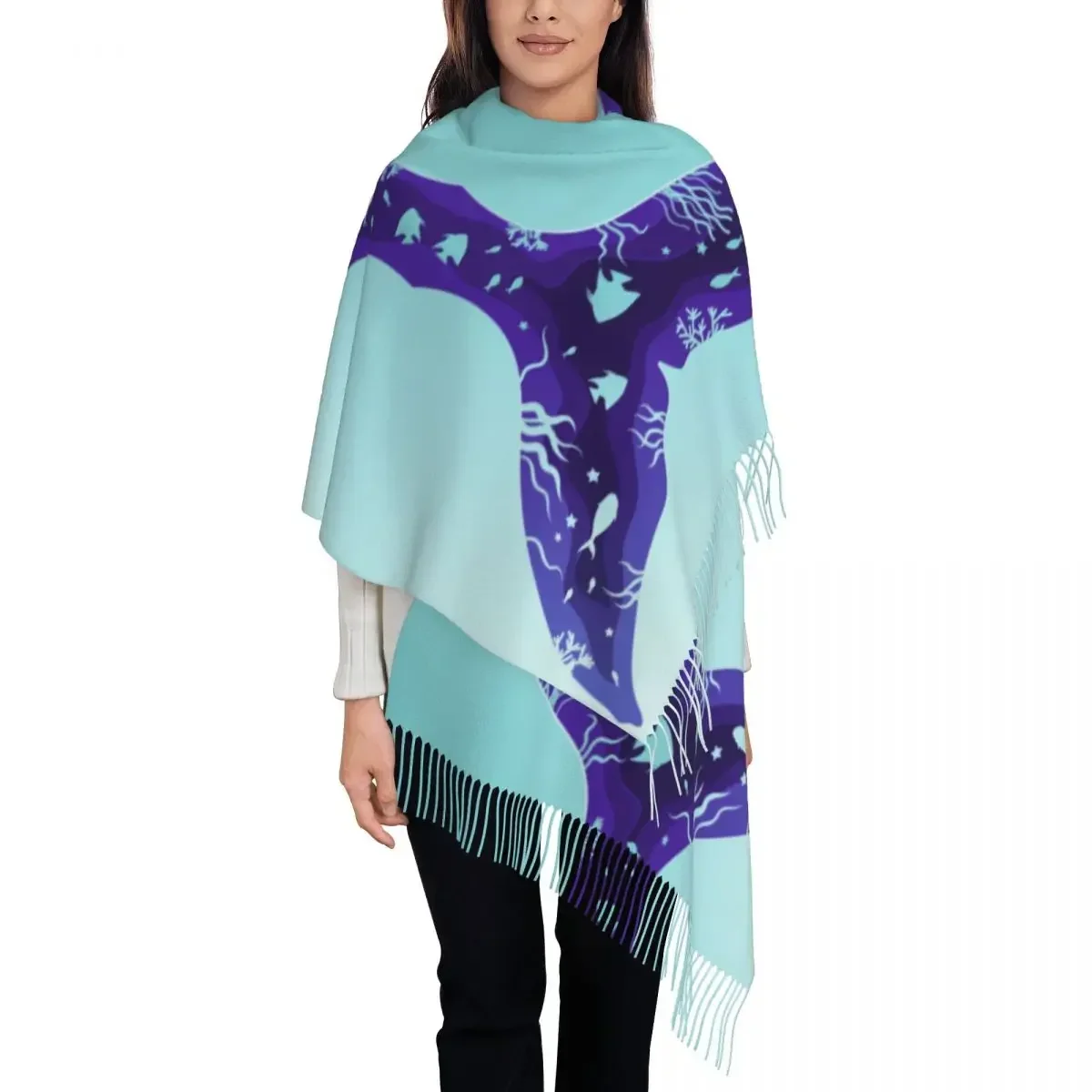 

Personalized Printed Creative Whale Tail Long Pile Fringe Men Scarf Women'S Anti Chill