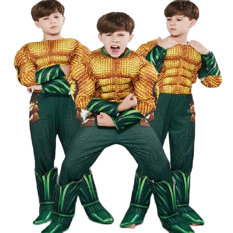 Kids Halloween Anime Costumes Boy Ocean Gold Aquaman Muscle Cosplay Costume Children Superhero Carnival Role play Suit Jumpsuits