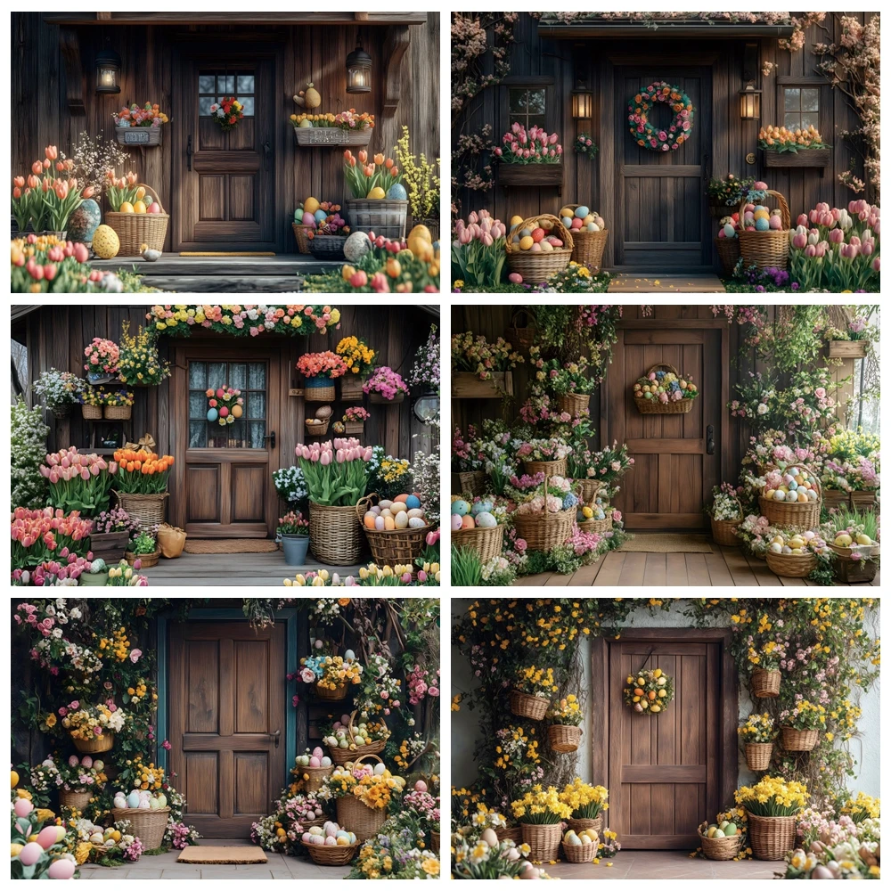 

Spring Flower Shop Photography Backdrop Wood Door Easter Bunny Tulip Colorful Eggs Kid Birthday Portrait Photo Background Studio
