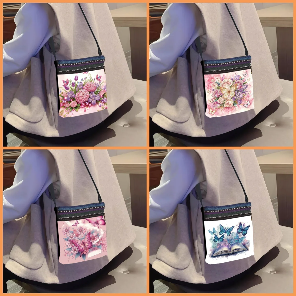 1 Piece Diamond Painting kit Messenger bag, flower and Butterfly pattern, large-capacity canvas Material, used for travel Storag