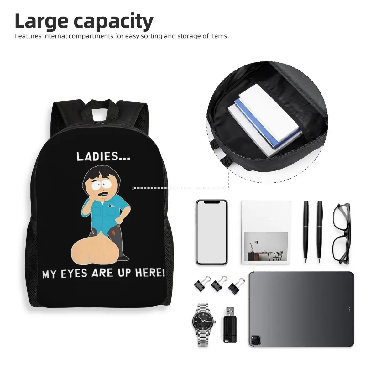 Randy Marsh Ladies My Eyes Are Up Here Rucksack, Tagesrucksack, großes Fassungsvermögen, Kinder-Büchertasche, Schultasche, Umhängetaschen für Männer und Frauen