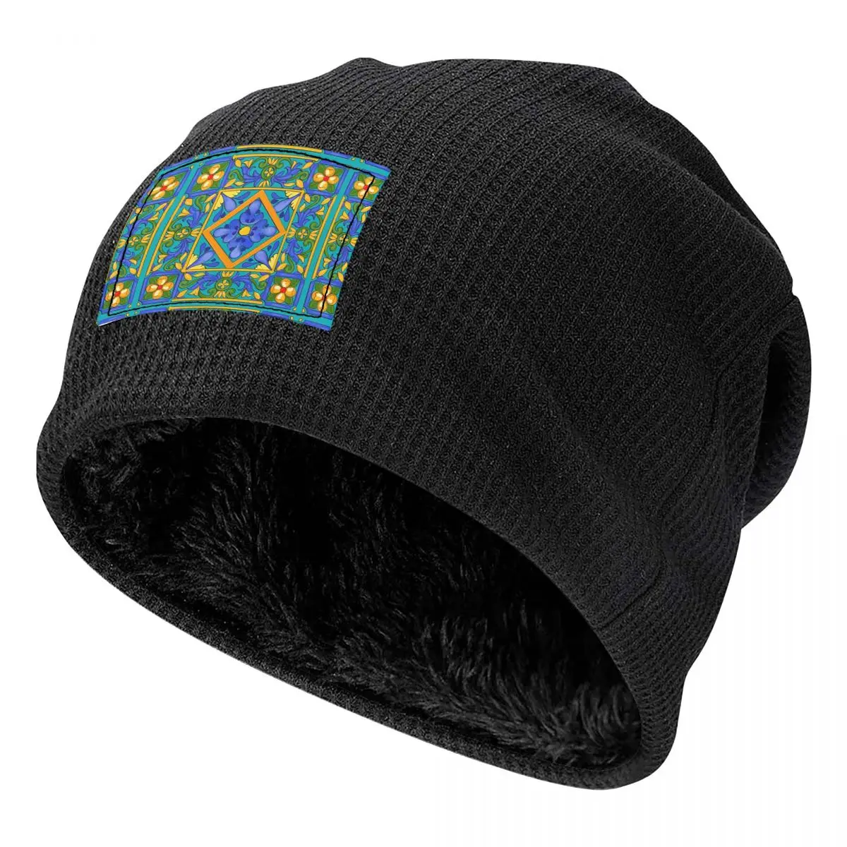 Summer ,Sicilian Tiles ,majolica,lemons ,Mediterranean Beanies Caps Fleece-Lined Bonnet Hat  Hip Hop Autumn Winter Skullies Hats