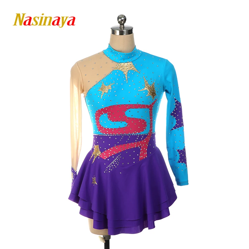 Figure Skating Training Competition Women's Children's Gymnastics Performance Dress Long Sleeve Gold Rhinestone