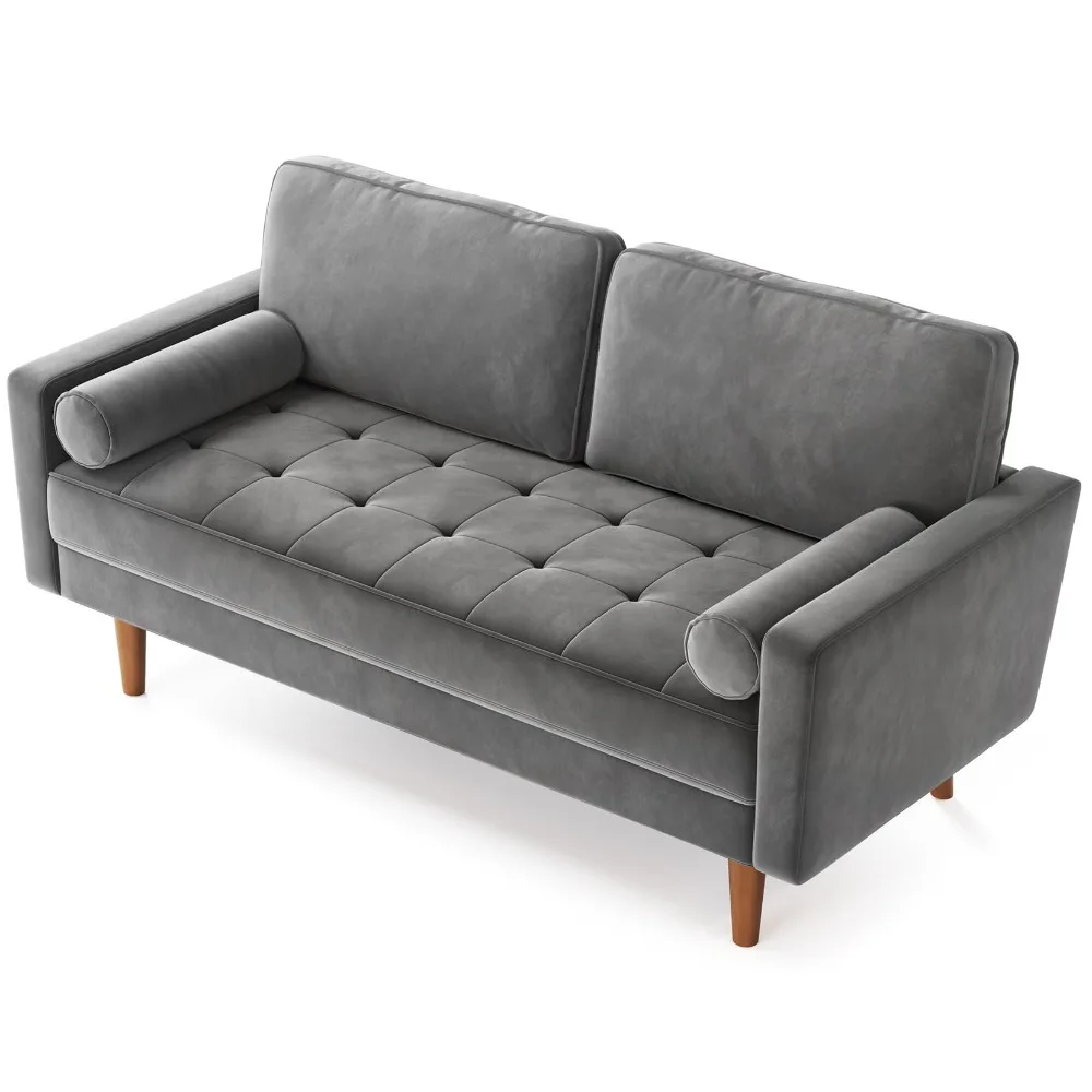 Sofa Loveseat 58 inci, Sofa Modern dengan bantal kursi Berumbai kancing, Sofa beludru dengan 2 bantal guling, sandaran tangan