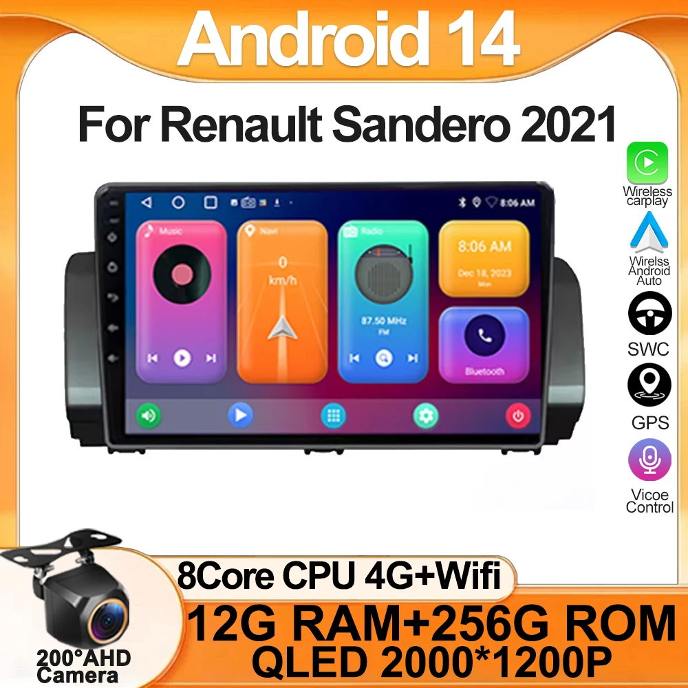 

Android 14 для Renault Sandero 2021, автомобильный автомобильный радиоэкран, мультимедийный видеоплеер, навигация, стерео GPS, процессор HDR QLED NO 2DIN