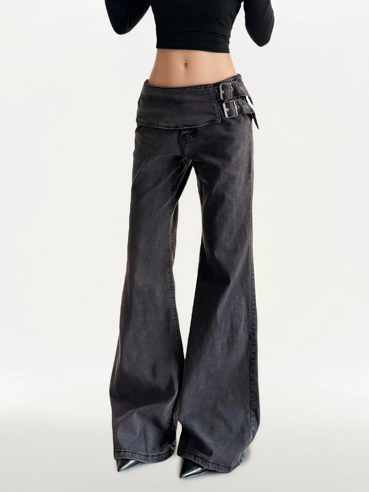 Funoff American Retro Grey Metal Buckle Low Waist Elastic Jeans Simple Slimming Flared Casual Long Pants Women's Jeans