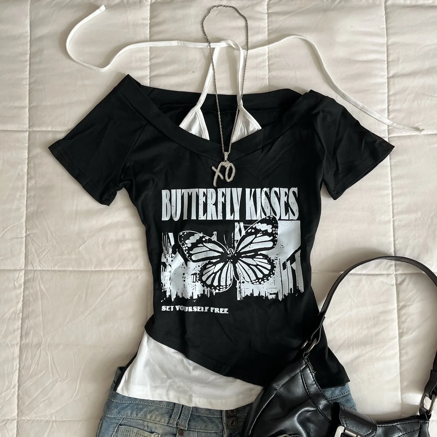 2026 Harajuku streetwear Y2k Retro style letter fashion aesthetics women summer Fake two items sexy slim Short sleeve gothic
