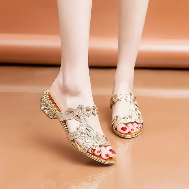 Women Slippers Summer 2024 Rhinestone Women Chunky Heels Sandals Hollow Fashion Casual Slippers Women Slides Sandalias De Mujer