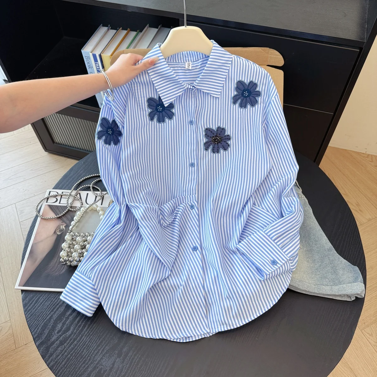 

SuperAen Blue Striped Shirt 2026 Spring New Design Sweet Floral Embroidery Oversize Loose Office Lady Casual Shirts