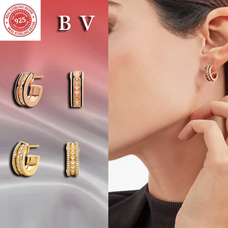 Pure silver s925 fashionable B V trendy French charm light luxury jewelry classic BV black earrings men's decoration