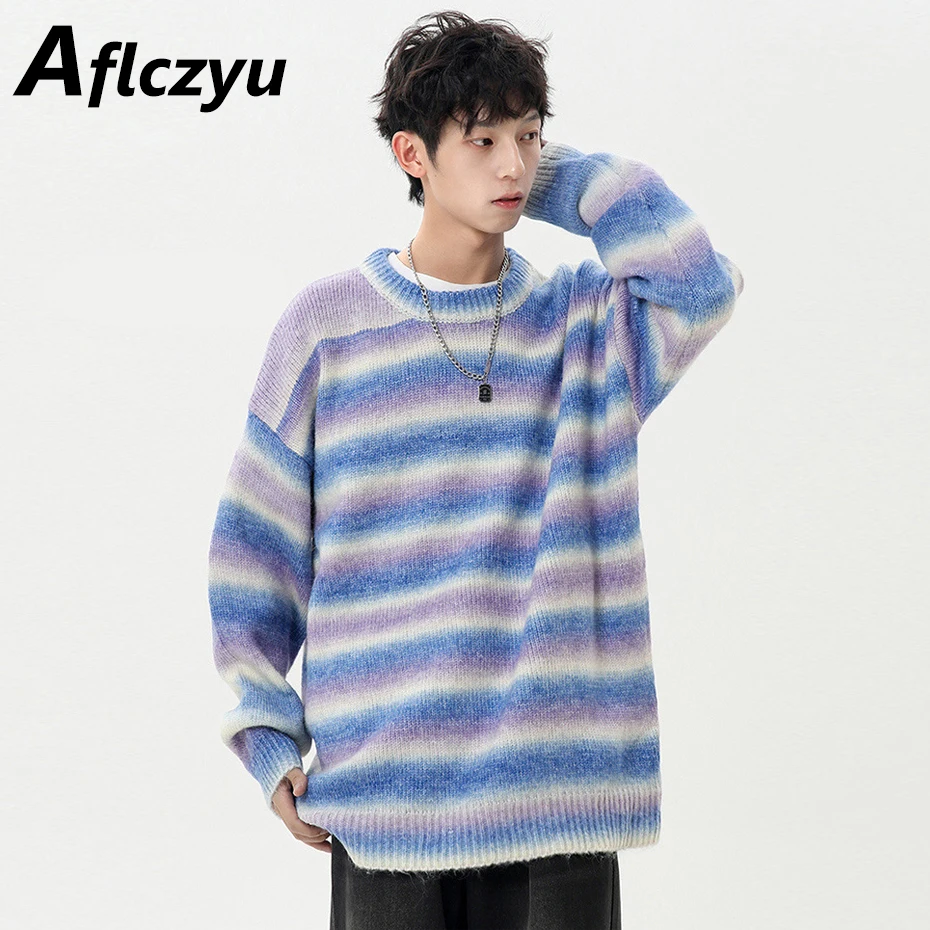 Rainbow Sweater Men Gradient Knitted Sweater Spring Autumn O-neck Knitted Jumper Fashion Casual Pullover Male