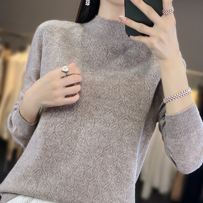 Women New Wool Blend Sweater Half-high Collar Diamond Hollow ​Pullover Autumn Winter Bottoming Shirt Casual Warm Knitting Tops