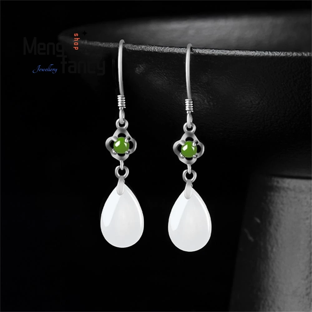 

S925 Silver Natural Hetian White Jade Water Drop Jade Earrings Literary Fairy Chinese Style Exquisite Elegant Fashion Jewelry